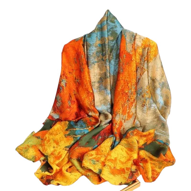 Grand Foulard Satin Orange et Vert 180*90cm