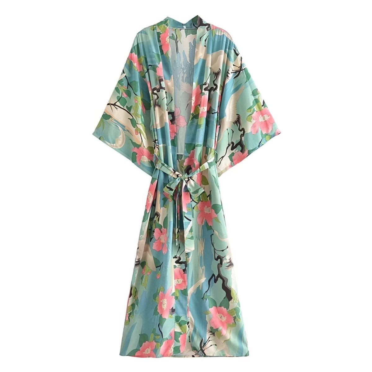Kimono de Plage Manches Larges Effet Floral - Vert
