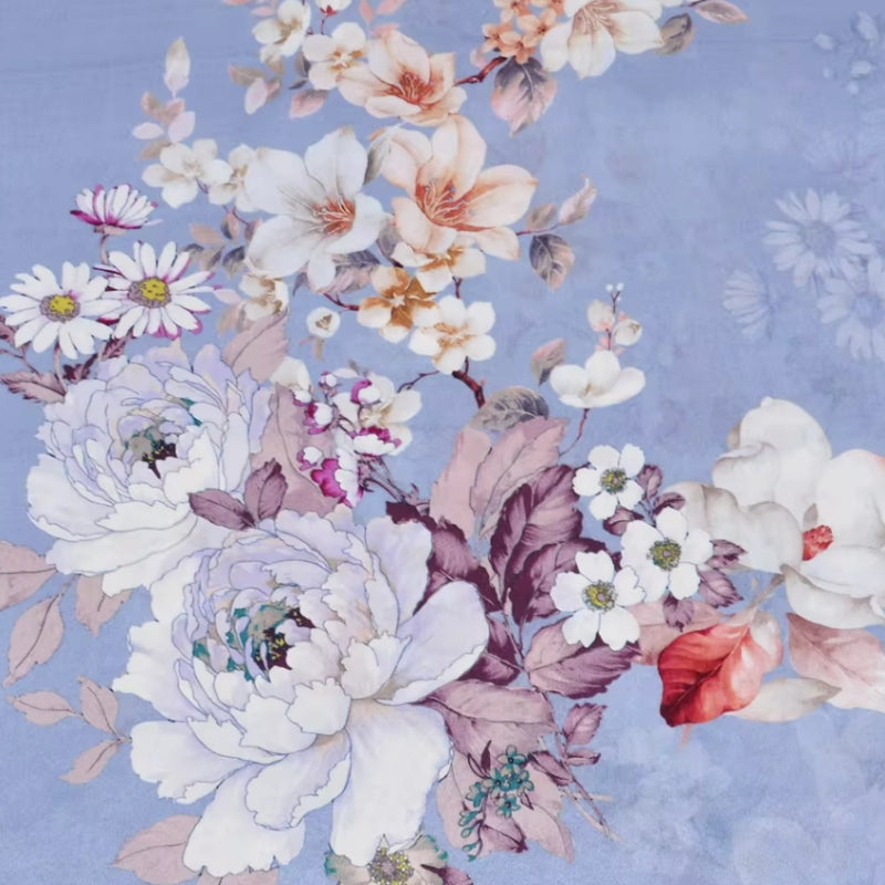 Foulard Soie Fleur Bleue Bleu Ciel et Rose Pâle 175*52cm