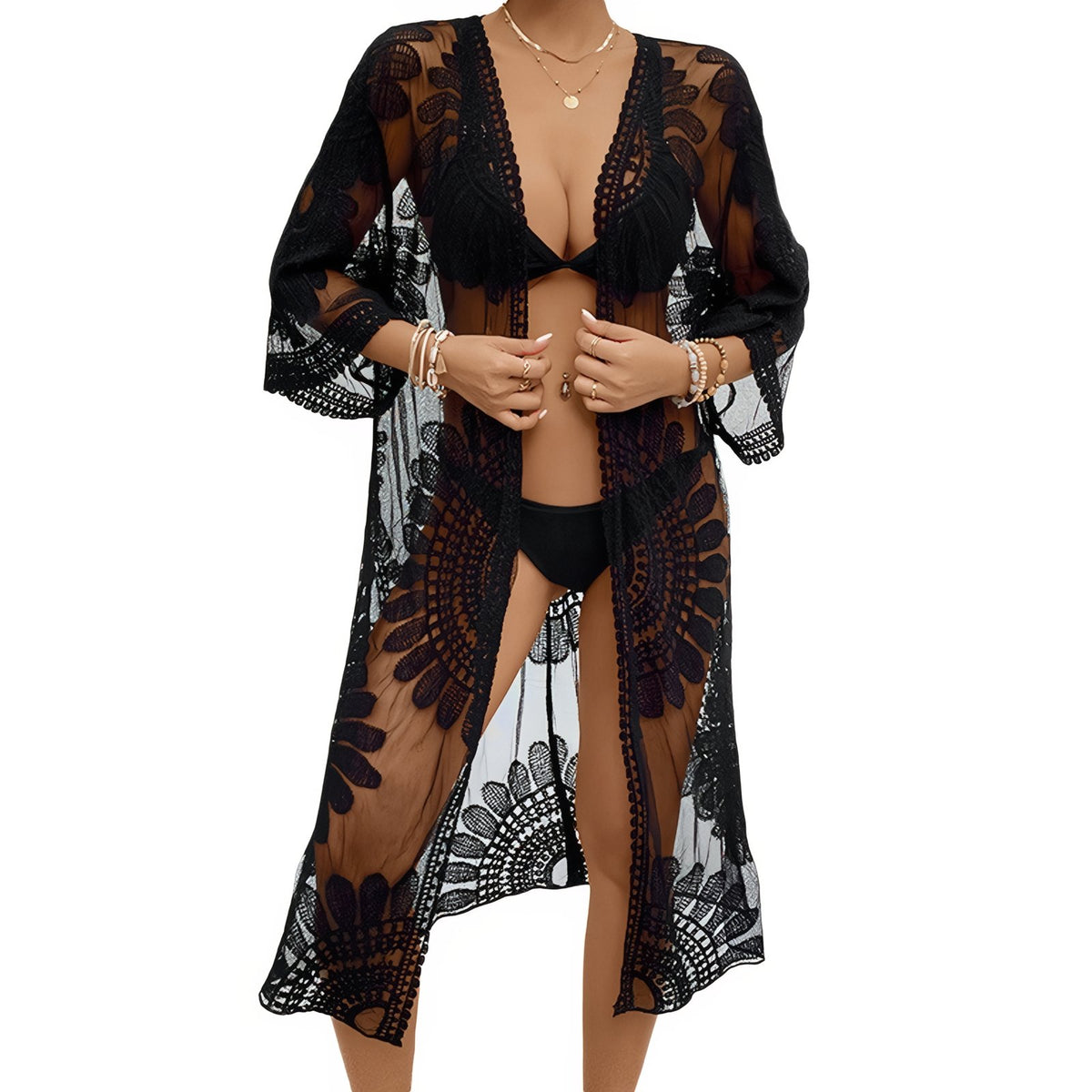 Kimono de Plage en Dentelle - Noir - Unique