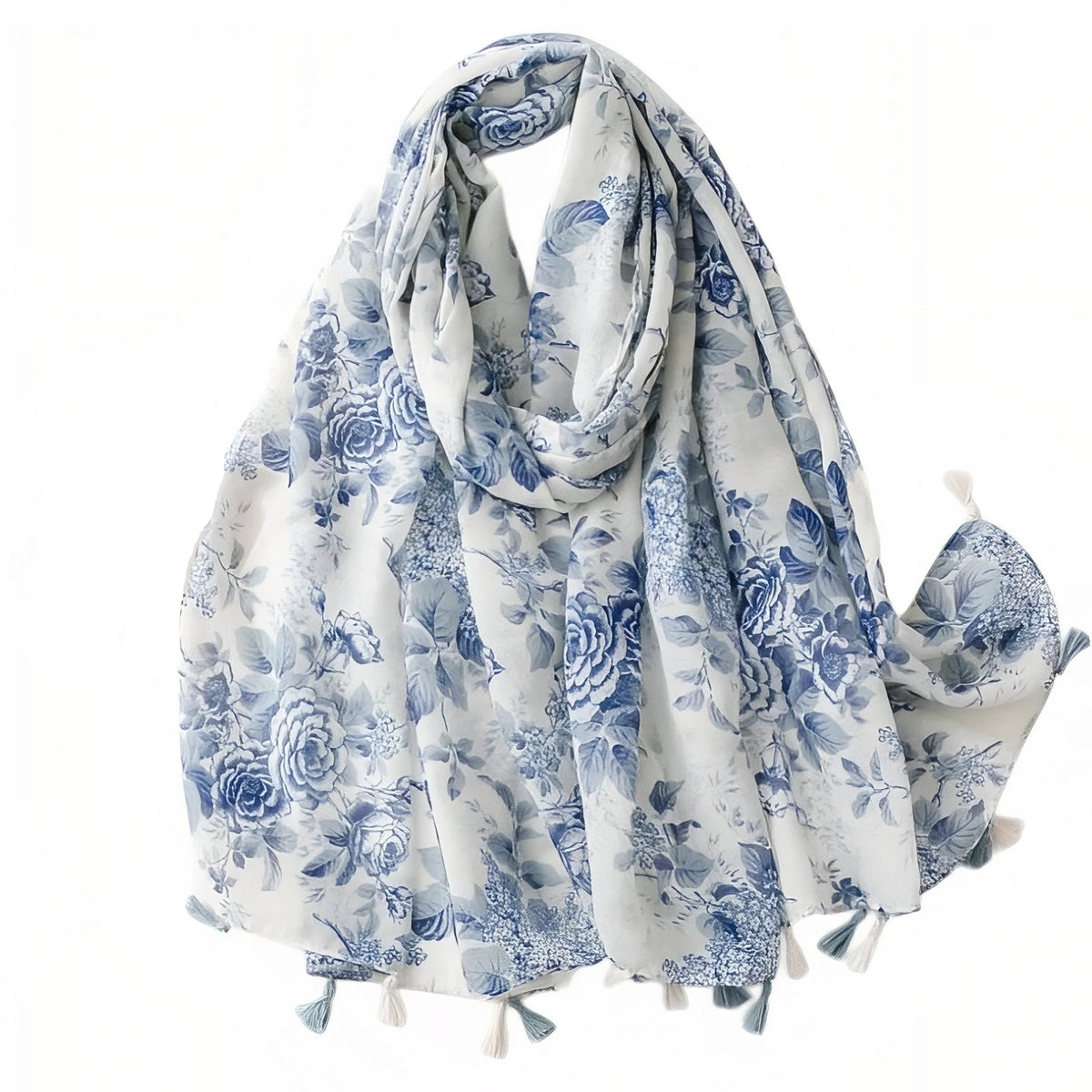 Chèche Bleu Fleuri - Bleu Ciel et Blanc Crème - 180*90cm