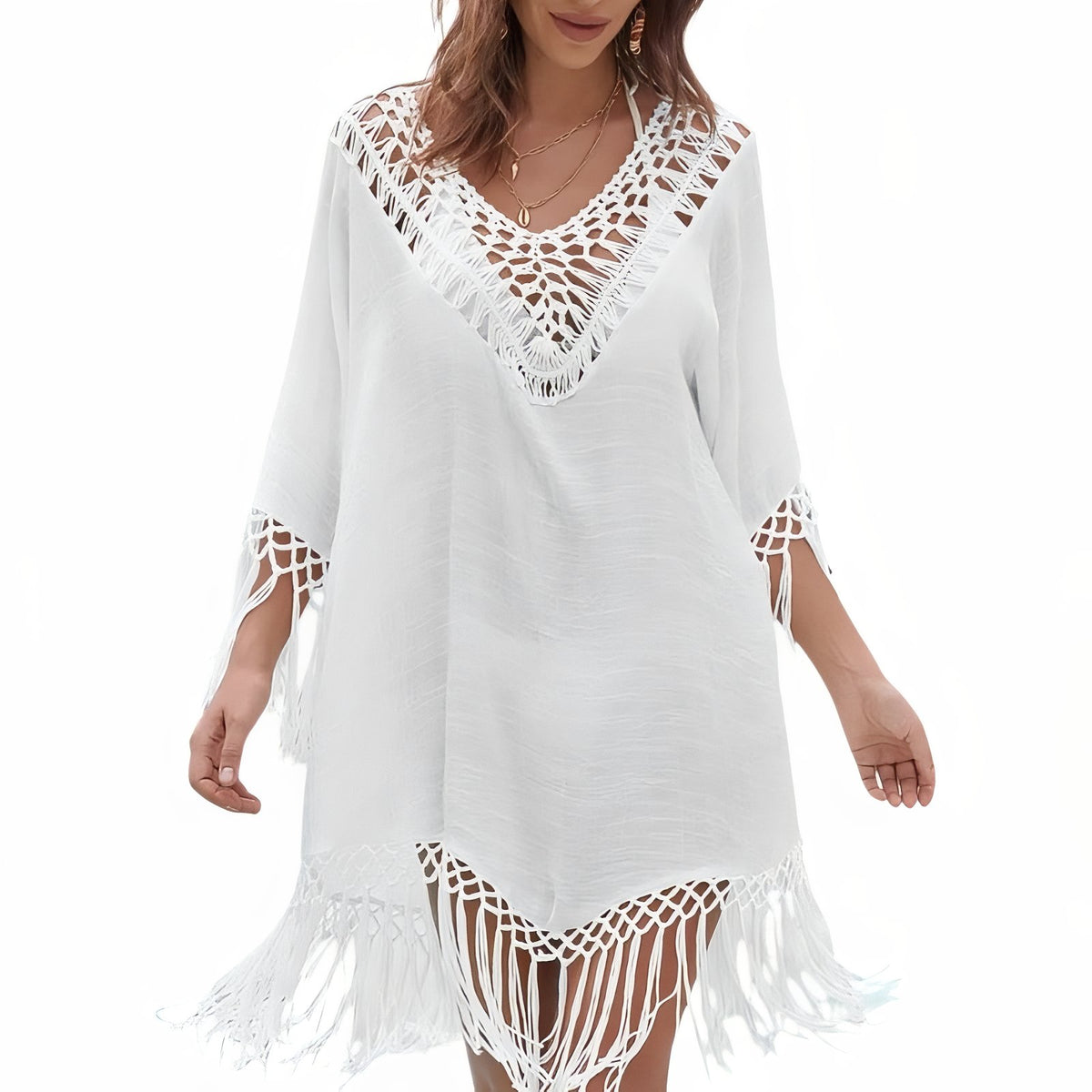 Tunique Blanche Paréo avec Franges - Blanc - Unique
