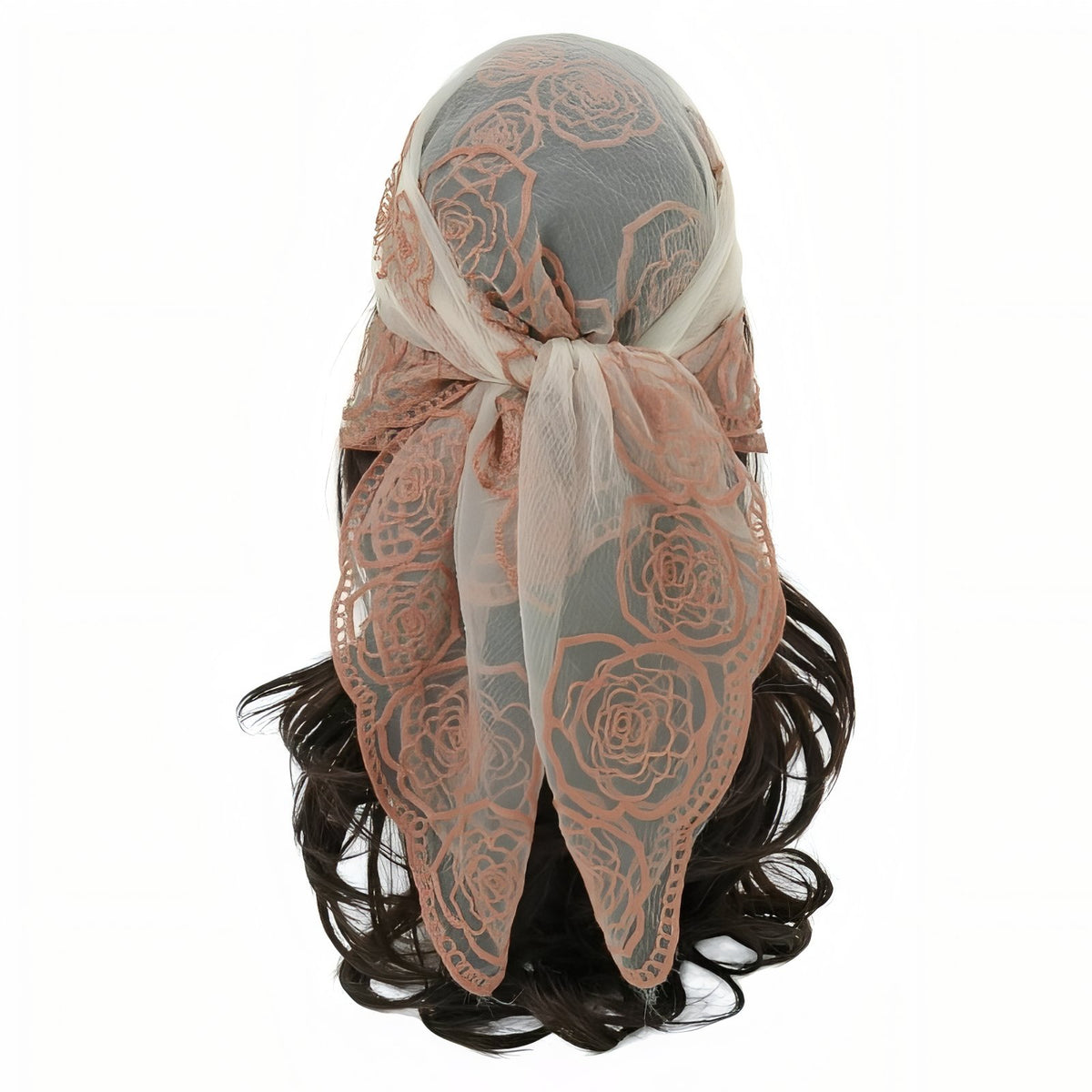 Foulard Cheveux Dentelle - Beige et Corail - 80*80cm
