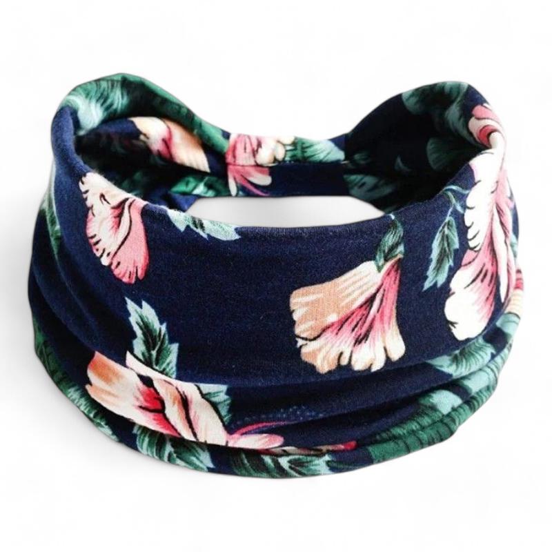 Bandeau Croisé Cheveux Femme Bleu Marine et Rose Poudré