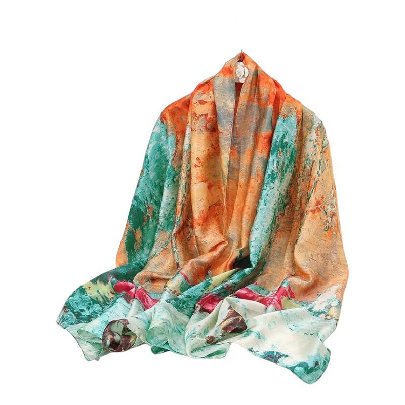 Grand Foulard Satin Vert Émeraude et Orange Brûlé 180*90cm