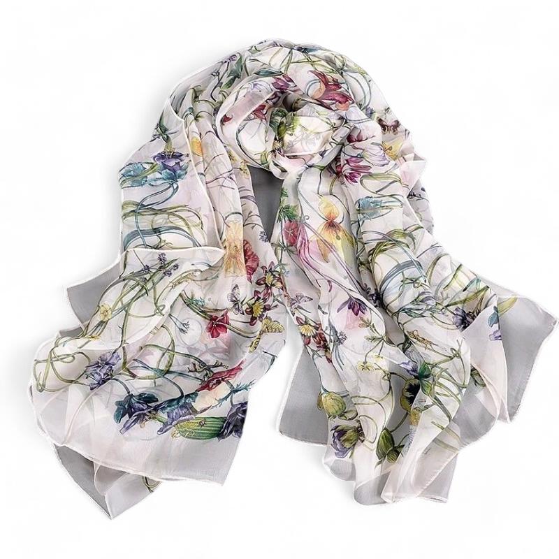Foulard Femme Soie Imprimée Blanc et Multicolore 175*52cm