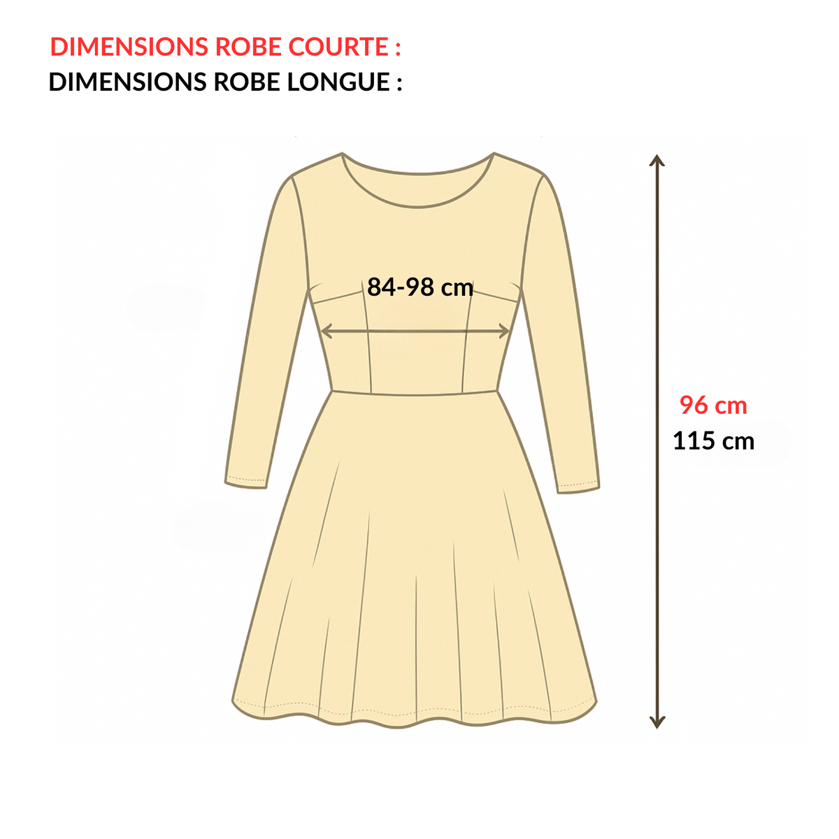 Robe de Plage en Crochet Ajourée Colorée guide des dimensions - Noir (long) - Noir (court) - Beige - Blanc (long) - Blanc (court)