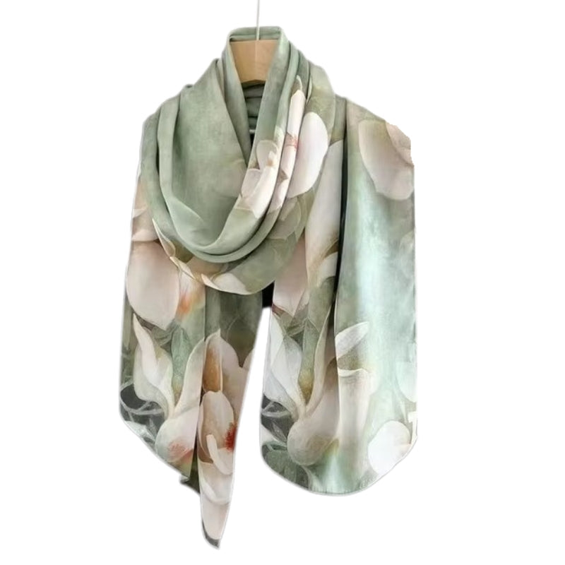 Foulard Soie Femme Luxe Vert Sauge et Blanc Crème 175*52cm