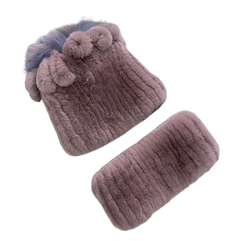 Bonnet Echarpe Fourrure Femme Violet Poudré et Gris Doux