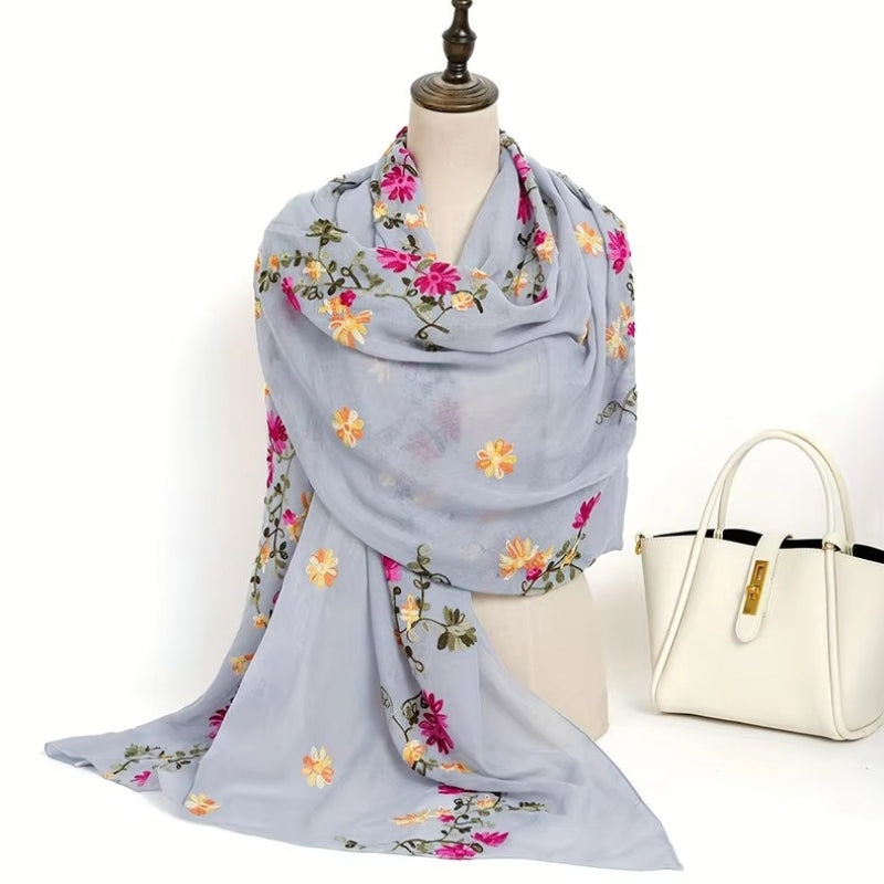 Foulard Fleuri Femme Gris Ciel et Rose Fluo 90x180cm