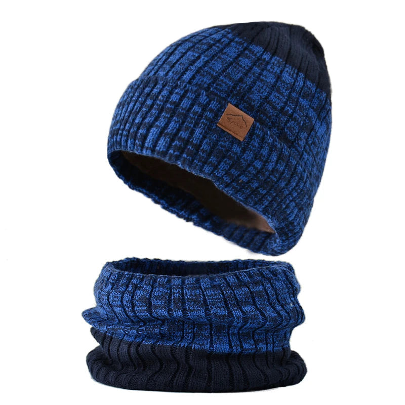 Ensemble Bonnet Snood Tricot Homme Bleu Marine et Bleu Ciel