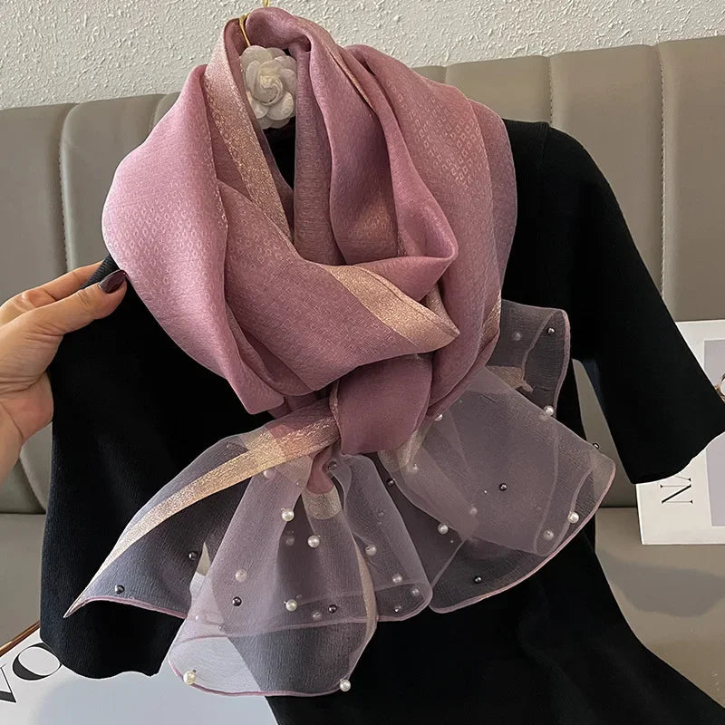 Foulard avec Perles Rose Poudré et Transparent 75*190cm