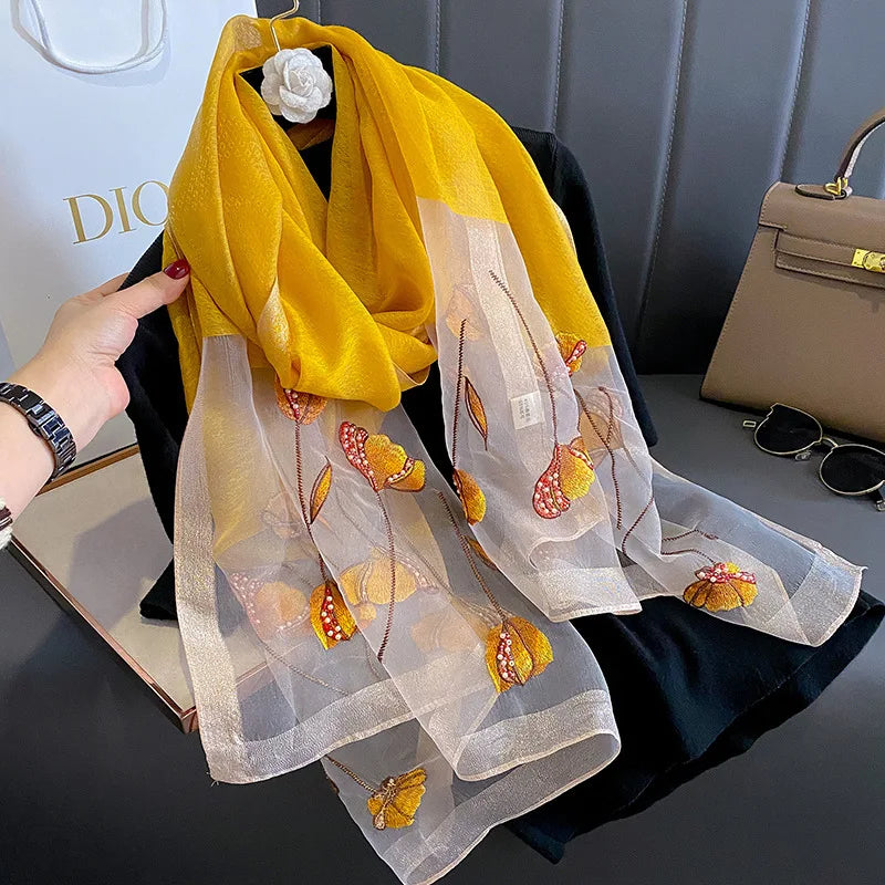 Foulard en Mousseline de Soie Femme - Jaune Saffran et Blanc Transparent - 180*90cm