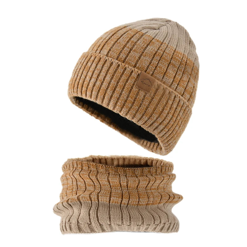 Ensemble Bonnet Snood Tricot Homme Beige et Moutarde