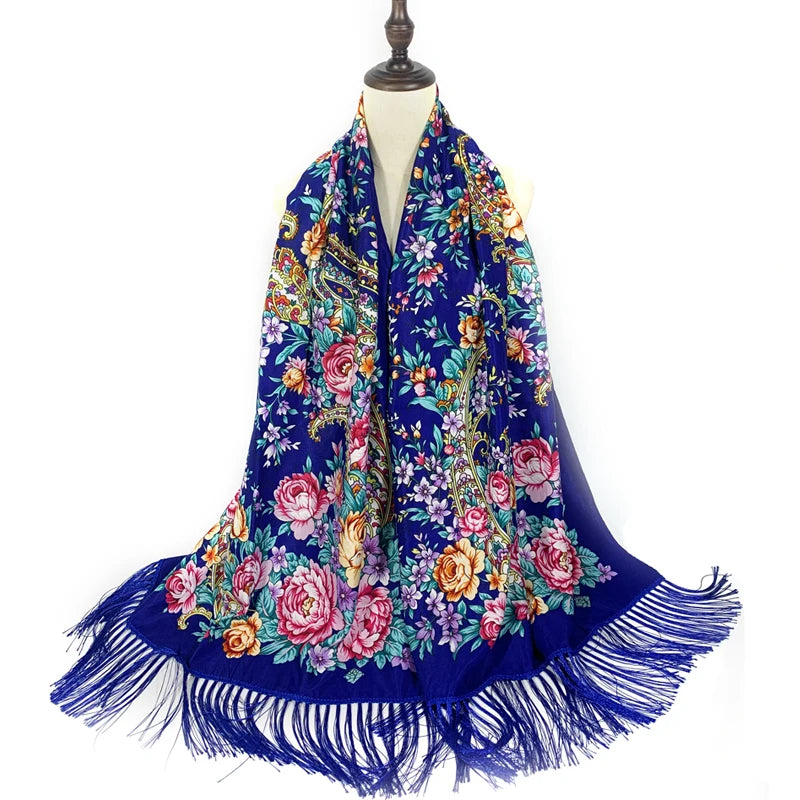 Châle Foulard Russe Bleu Marine et Rose Poudré
