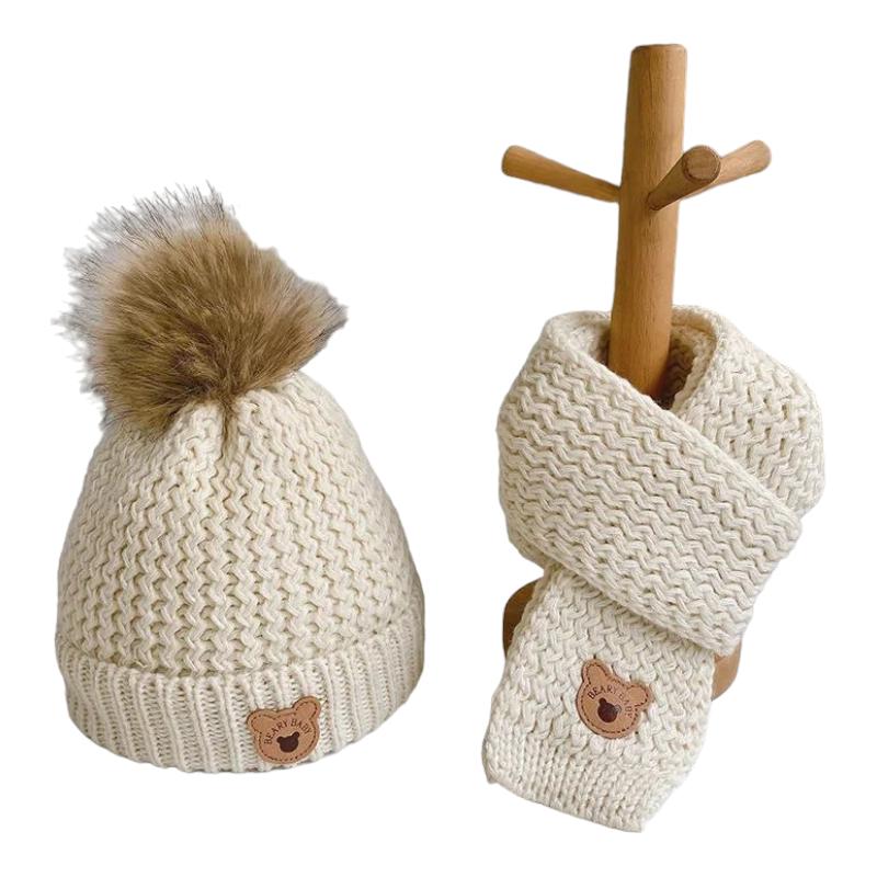 Bonnet et Echarpe Enfant Garçon Crème et Marron 6-36 mois / 45-53 cm