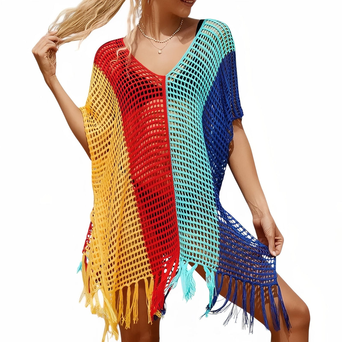 Robe de Plage Courte en Crochet Multicolore - Rouge Jaune Bleu - Unique