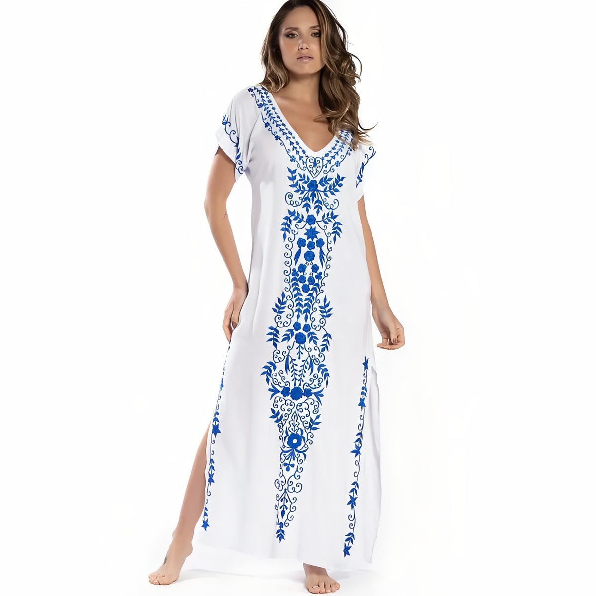 Robe de Plage Fendue Style Ethnique - Blanc - Unique