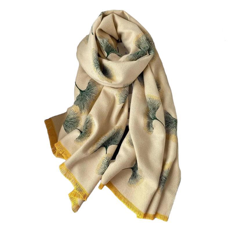Echarpe Femmes Motif Feuilles Beige