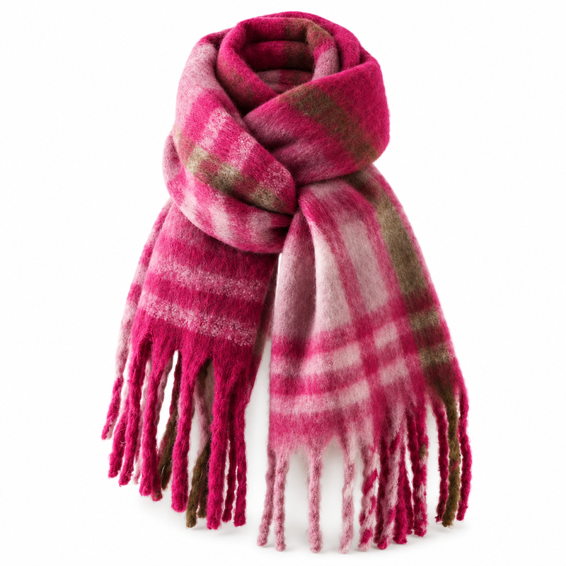 Echarpe Plaid Tartan Fuchsia et Vert Olive 220X52cm