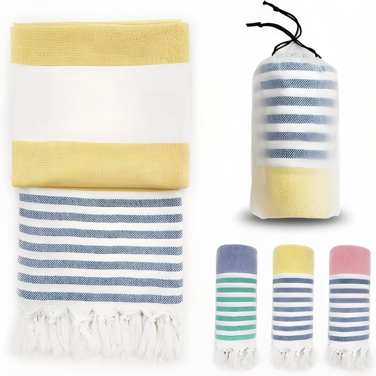 Fouta de Plage Rayé Tricolore à Franges - Jaune - 100*180cm