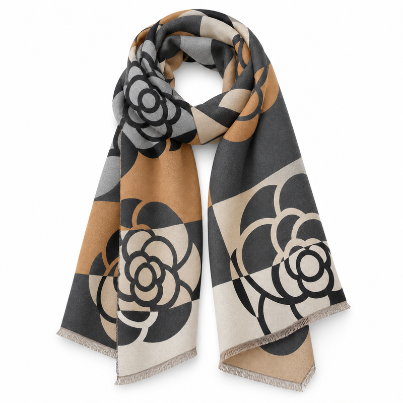 Etole à Motif Camélia Géométrique Beige et Marron 185*65cm