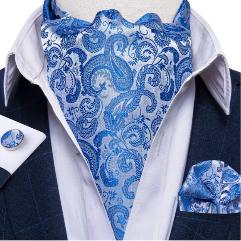 Foulard cravate de mariage bleu à motif paisley avec pochette et boutons de manchette