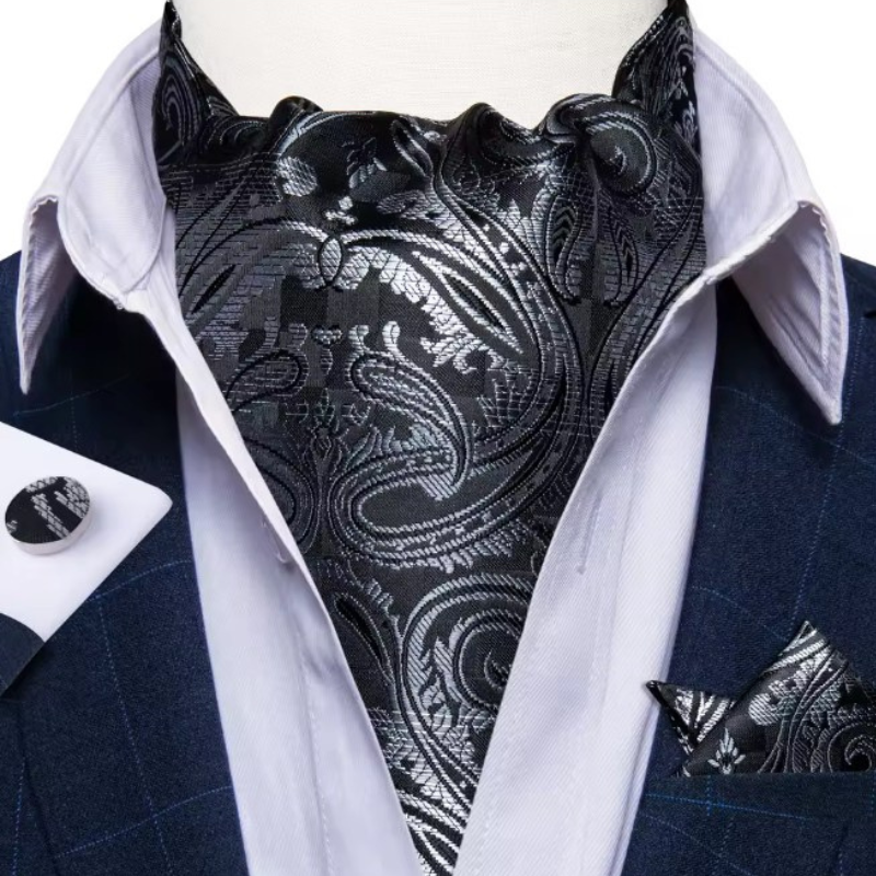 Foulard cravate de mariage noir et argent à motif paisley