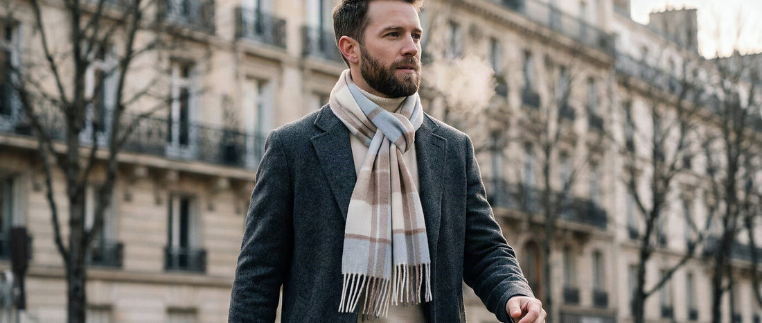 Homme portant une écharpe homme en laine à carreaux nouée en nœud parisien sur un manteau d'hiver