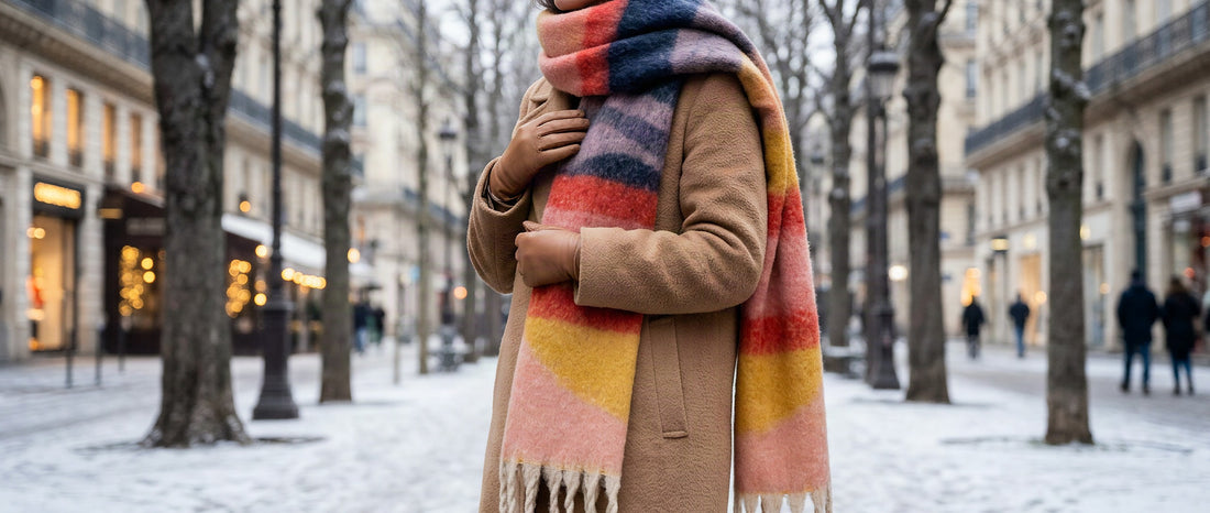 Femme en manteau camel portant une grande écharpe au toucher cachemire enroulée autour du cou