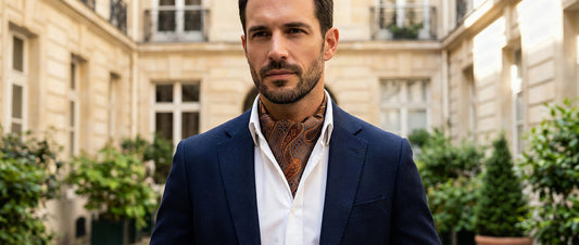 Homme portant une cravate ascot en soie sous une chemise à col ouvert
