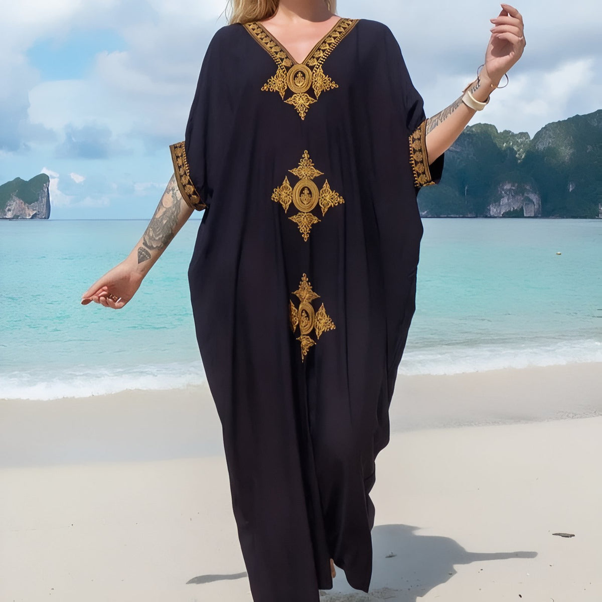 Paréo Caftan pour femme Style Oriental - Noir et Doré 5 - Unique