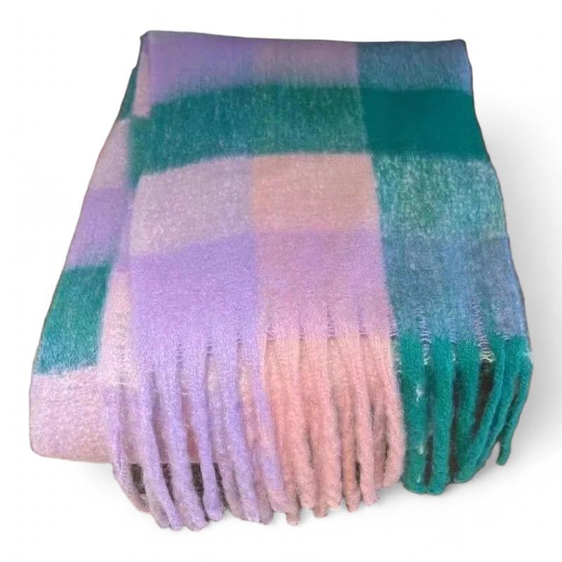 Grande Echarpe Femme Vert Émeraude et Rose Poudré 220*38cm