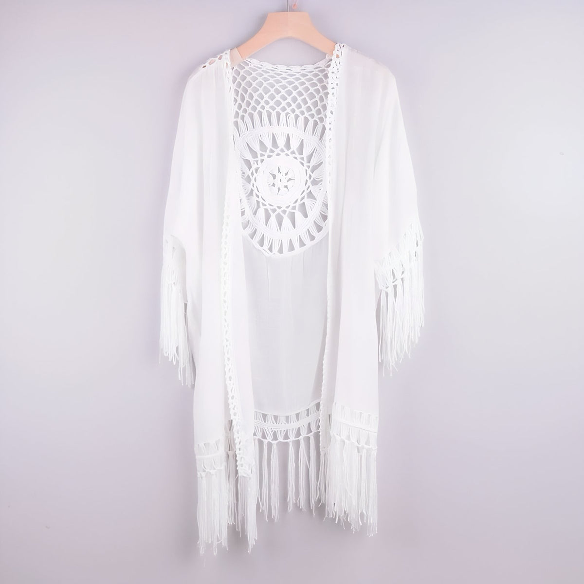 Kimono d’Eté Blanc à Franges vue de face - Blanc