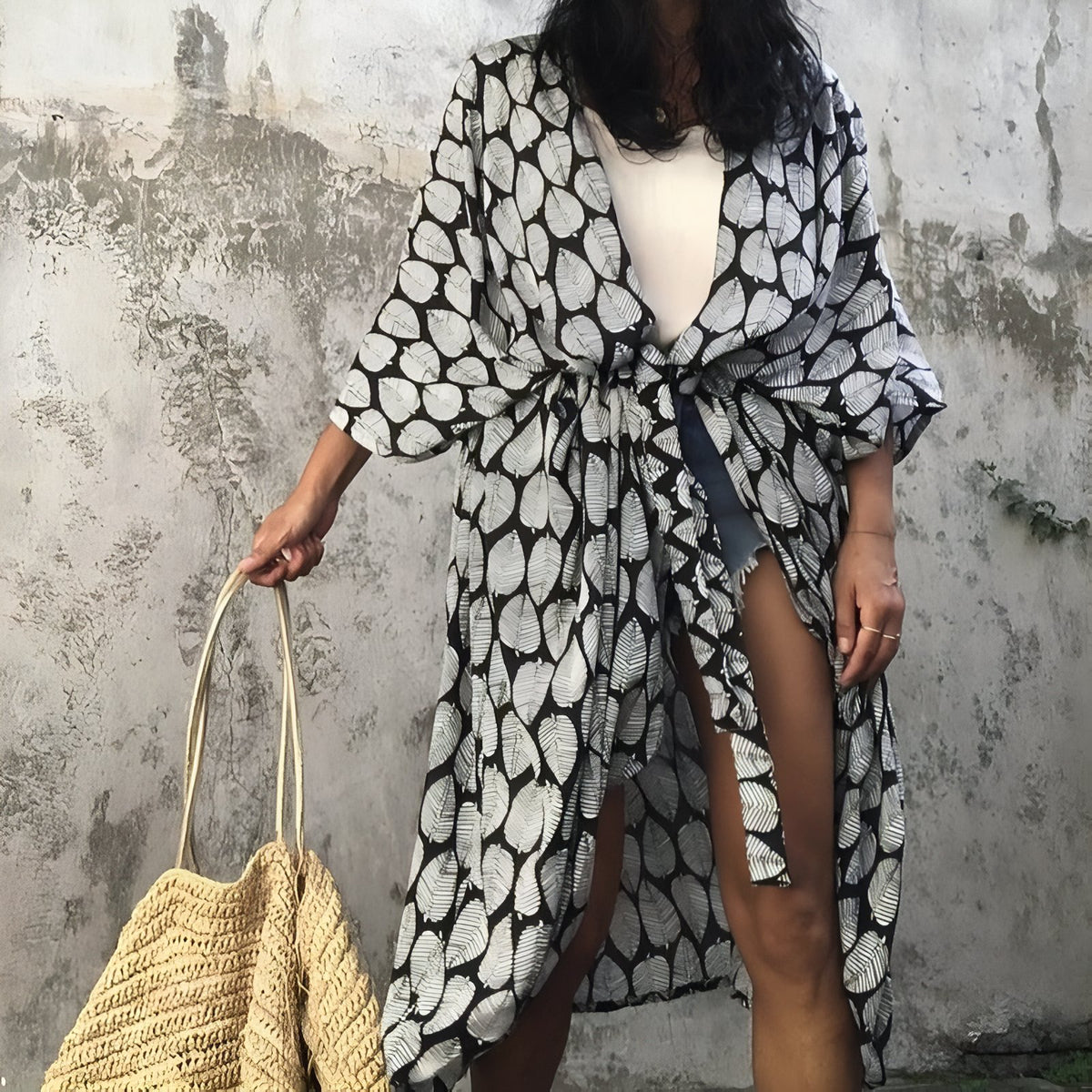 Long Kimono de Plage à Imprimé Graphique - Noir - Unique