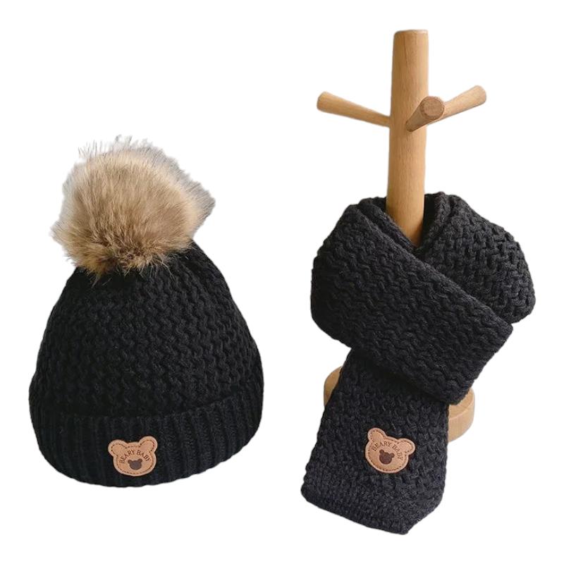 Bonnet et Echarpe Enfant Garçon Noir et Beige Foncé 6-36 mois / 45-53 cm