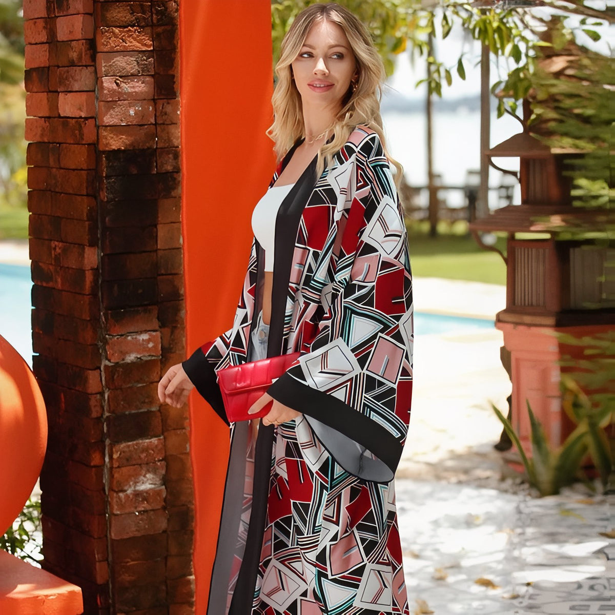 Long Kimono de Plage Large à Motifs Imprimés portée à la main - Gris - Rouge - Vert