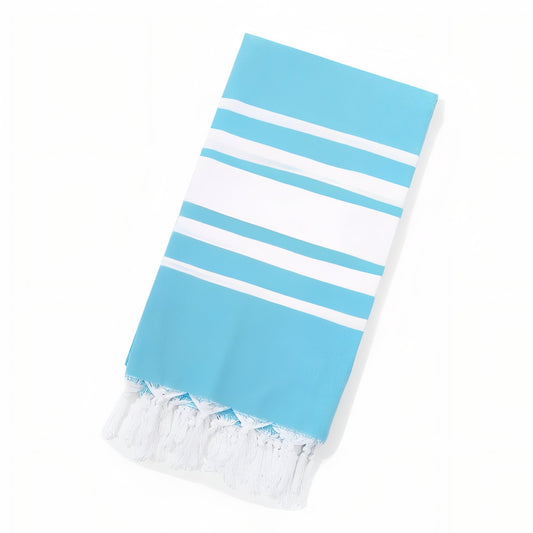 Fouta de Plage Ligné Bicolore à Franges - Bleu Cyan - 100*180cm