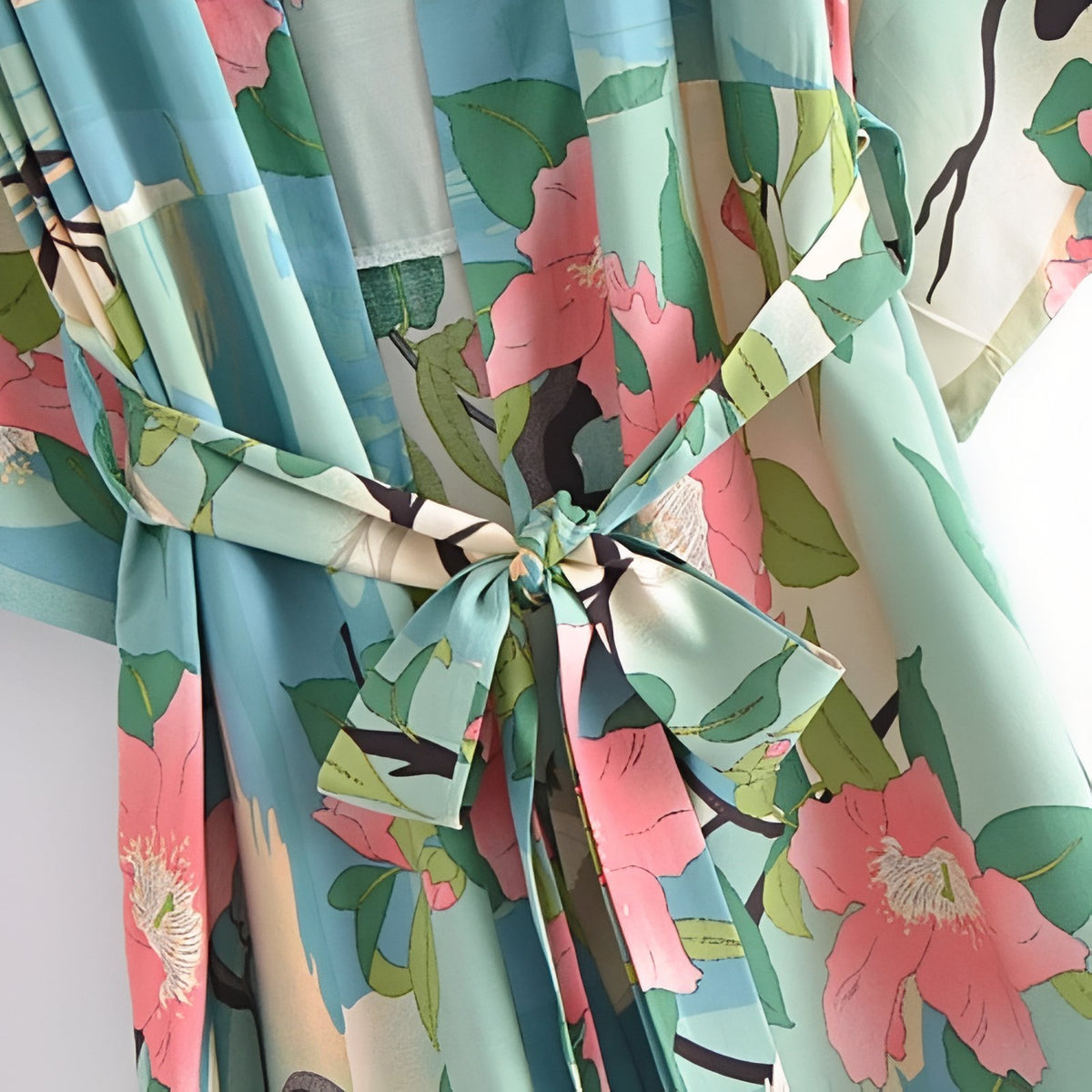 Kimono de Plage Manches Larges Effet Floral détail du nœud - Vert