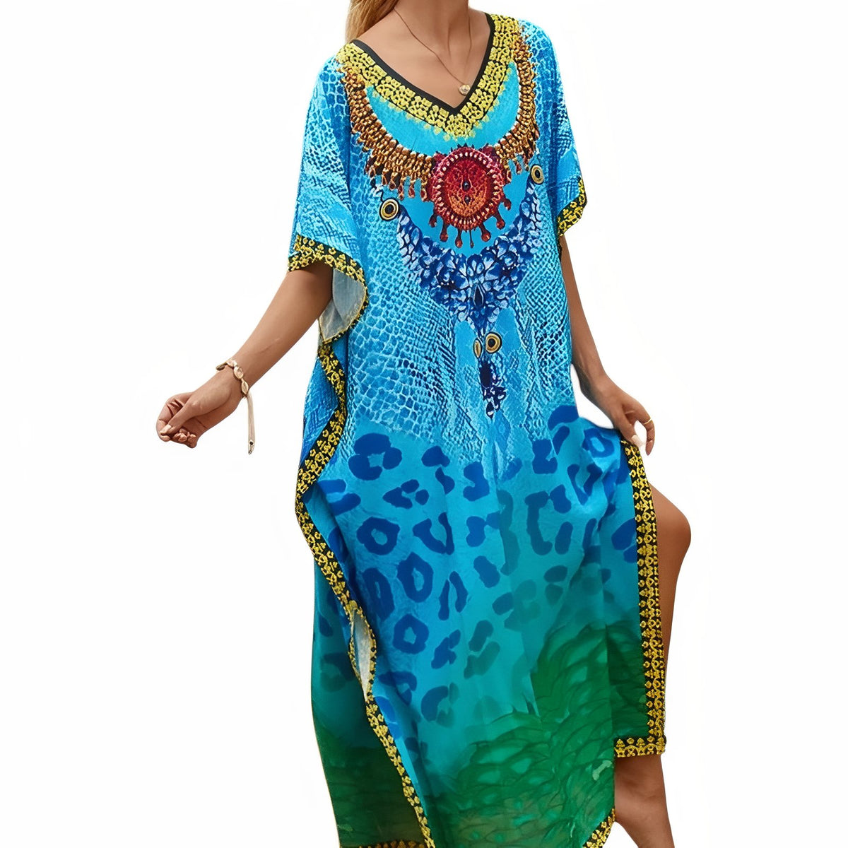 Robe Caftan Africain Imprimé Coloré - Léopard Bleu - Unique