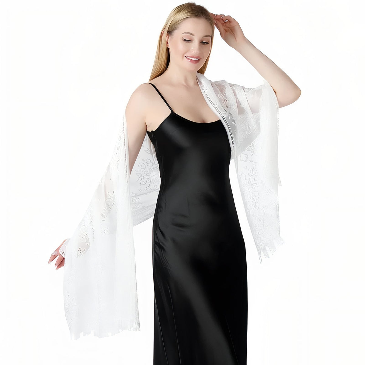 Etole de Soirée Femme portée sur une robe - Doré - Lavande - Rose - Ivoire - Rose Poudré - Beige Doré - Vert Sauge - Blanc - Noir - Taupe - Beige et Doré - Bleu Marine - Violet Foncé