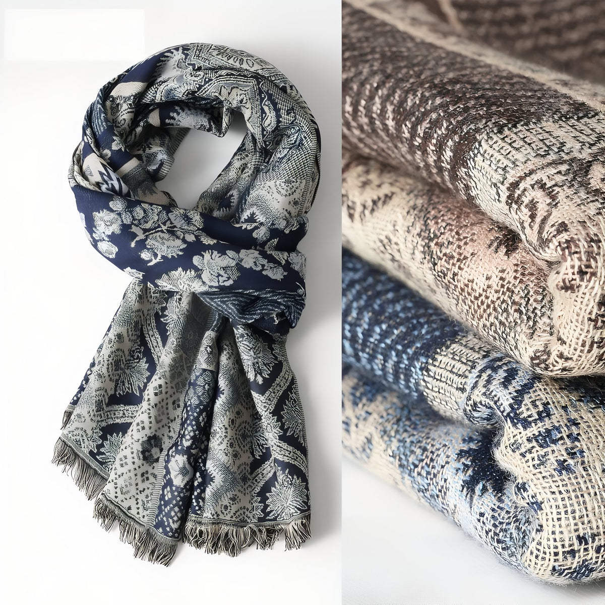 Chèche Motifs Ethniques Bleu Noir gros plan motif - Beige et Marron - Bleu Marine et Gris Clair - Gris Foncé et Beige Clair