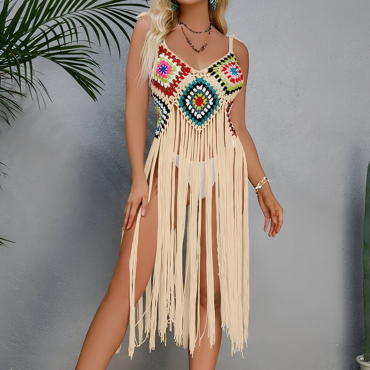 Robe Crochet avec Franges Fendue portée avec franges - Beige - Noir - Blanc