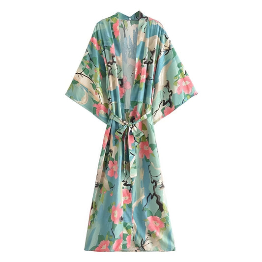 Kimono de Plage Manches Larges Effet Floral - Vert