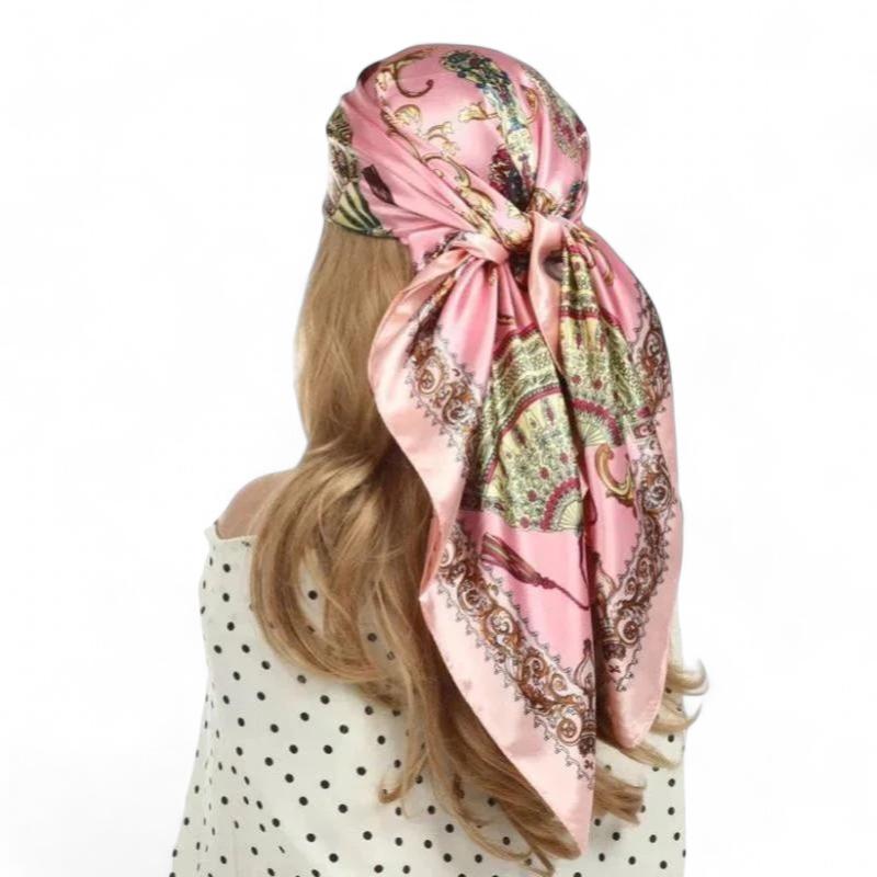 Foulard pour Cheveux Carré Rose Poudré et Vert Olive 90*90cm