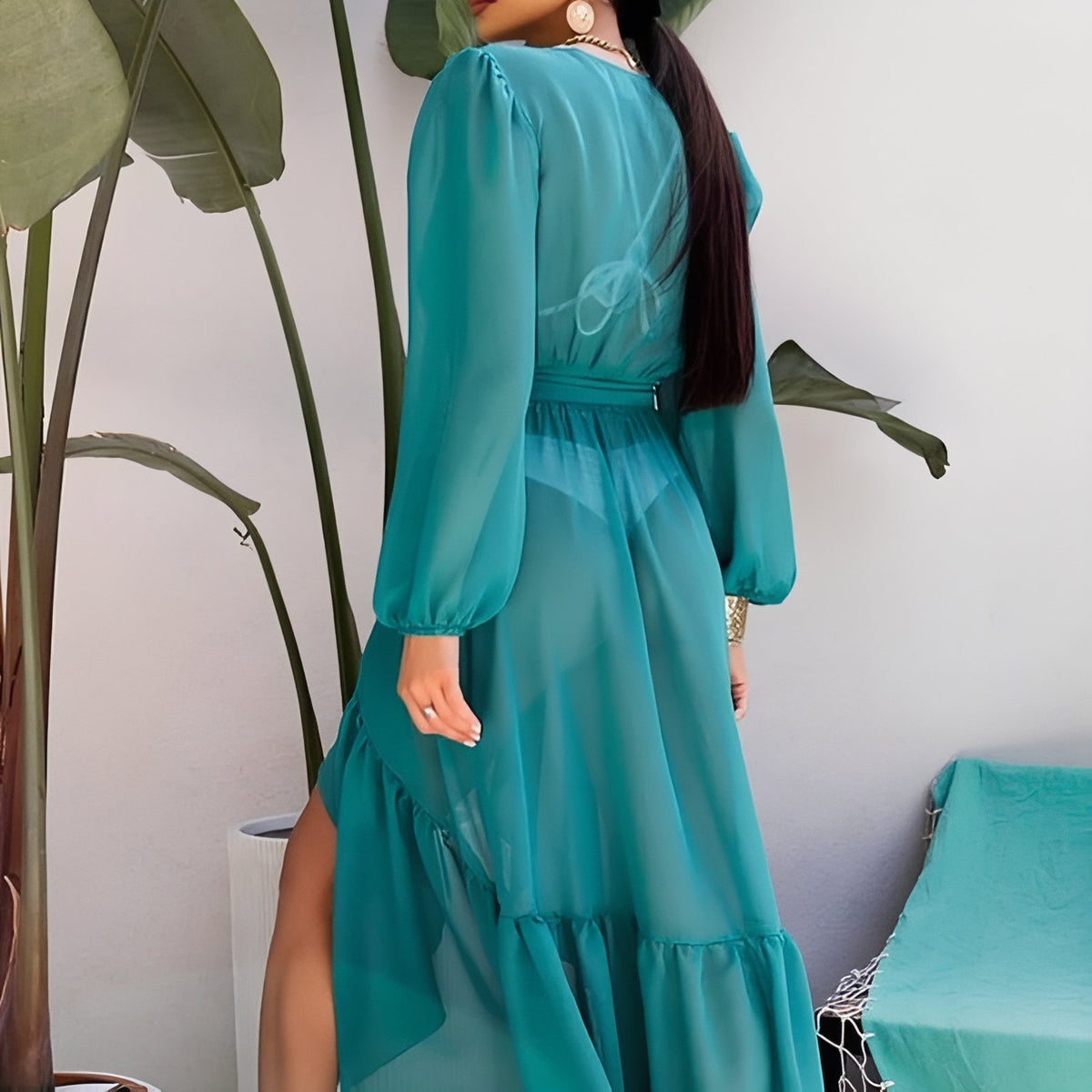 Kimono Chic de Plage uni portée de dos - Fuchsia - Noir - Bleu - Vert - Blanc