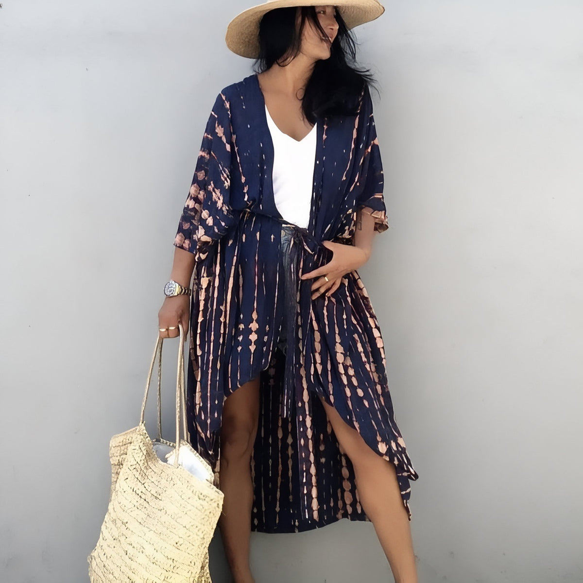 Kimono de plage Imprimé Ligné - Bleu Marine - Unique