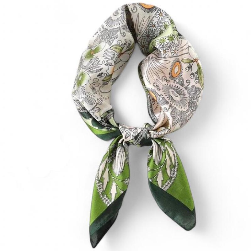 Petit Foulard Tour De Cou Femme Vert Olive et Crème 70*70cm