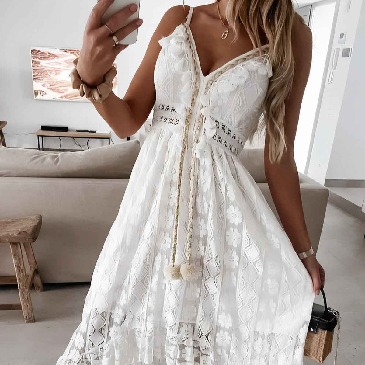 Robe Bohème Longue Col V Bas Asymétrique Bretelles - Blanc
