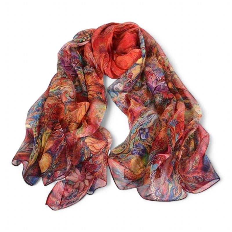 Foulard Femme Soie Imprimée Rouge et Orange 175*52cm